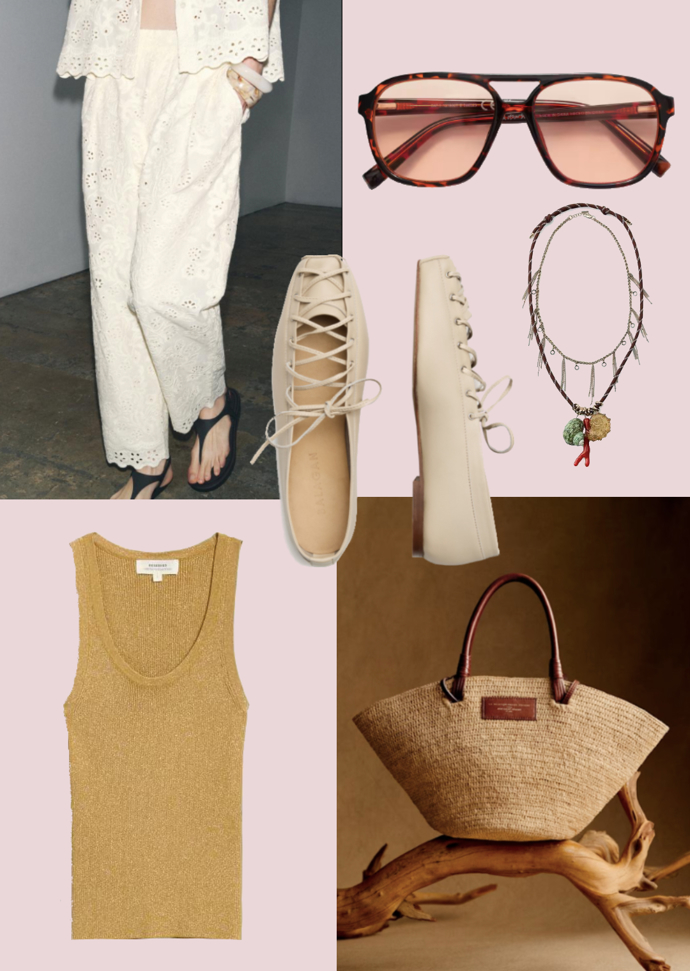 Boho chic outfit číslo 5: A na závěr trocha romantiky. Na pomoc přizvěte krajkové kalhoty, které jsou letos obřím trendem. Do pasu zasoukejte žebrované tílko s třpytivou nití. Obujte šněrovací balerínky podobné těm, jež má v kolekci módní dům Chloé. Přidejte slaměný košík, velké brýle a bohémský náhrdelník.
