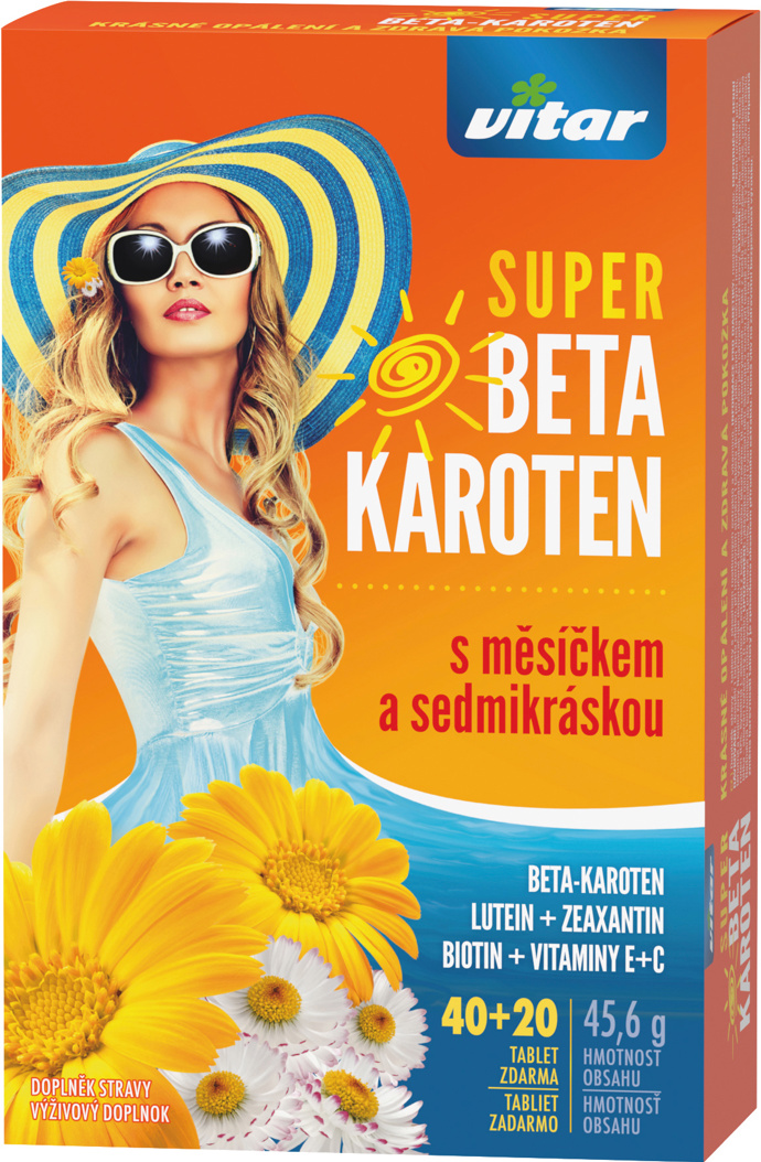 Vitar Super beta-karoten (60 tbl) s měsíčkem a sedmikráskou, Vitar, Nasevitaminy.cz, 125 Kč

Vitar Super beta-karoten, nově s měsíčkem a sedmikráskou, vyniká komplexním složením 7 aktivních látek pro krásné bronzové opálení s dlouhotrvajícím efektem. Tyto příznivé účinky přináší specifický mix karotenoidů, extraktu ze sedmikrásky obecné a měsíčku lékařského, biotinu a antioxidačních vitaminů E a C.

Měsíček lékařský je zdroj přírodních karotenoidů – luteinu a zeaxantinu, má příznivé účinky na pleť a pokožku. Sedmikráska obecná má pozitivní vliv na stav pokožky, vlasů i nehtů. Biotin příznivě ovlivňuje kvalitu pokožky a je nezbytný také pro celkovou vitalitu organizmu. Beta-karoten je provitaminem vitaminu A, který udržuje normální stav pokožky, pečuje o ni a pomáhá jí získat a udržet krásnou barvu po pobytu na slunci. Vitamin E je významný antioxidant, přispívá k ochraně buněk před oxidativním stresem. Pomáhá odstraňovat volné radikály, ochraňuje buňky před jejich poškozením a tím i stárnutím. Vitamin C podporuje imunitní systém a příznivě ovlivňuje stav pokožky.
