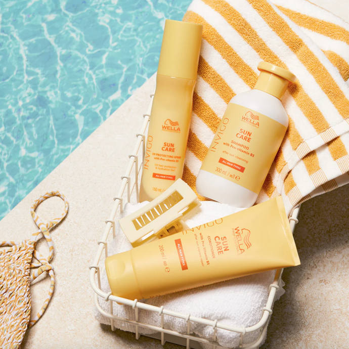 Řada Wella Professionals Invigo Sun je určený pro vlasy namáhané sluncem. Složení obohacené o panthenol a vitamín E totiž hydratuje a chrání vlasy před dalším poškozením vlivem slunečního záření. 
