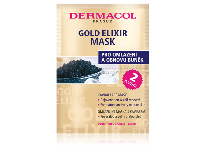 Jednorázová maska na pleť Dermacol Gold Elixir vaši pleť skvěle projasní, navrátí jí zářivý vzhled a dodá energii. 69 Kč
