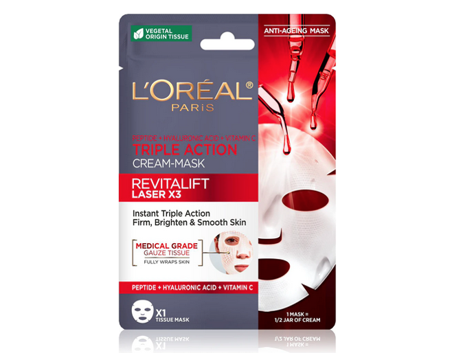 Plátýnková maska L’Oréal Paris Revitalift Laser X3 je obohacená o peptidy, kyselinu hyaluronovou a vitamin C. Nabízí zpevnění, rozjasnění a intenzivní hydrataci pleti. 90 Kč
