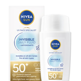 Nivea SUN Invisible Fluid SPF 50+ pleťový krém, 295 Kč

Ultra lehký pleťový fluid Nivea SUN Invisible Fluid SPF 50+ chrání pokožku před slunečním zářením, rychle se vstřebává, neucpává póry a postará se sjednocený a zdravý vzhled pleti.
