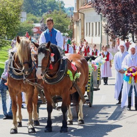 Mládenci v bílých prostěradlech vedou vůz s „nevěstou“. Symbol kuruckého tažení, který se po více než dvou stech letech znovu objevil v ulicích Bojkovic.
