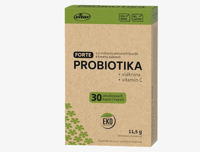 Vitar Forte kapsle probiotika jsou veganské kapsle, které obsahují kombinaci 4 kmenů bakterií, které mohou obohatit střevní mikroflóru. Navíc obsahují vlákninu z čekanky - inulin a vitamin C, který je pro fungování lidského organismu velmi důležitý. Příznivě ovlivňuje imunitní systém, podílí se na snížení míry únavy a vyčerpání, přispívá k normální činnosti nervové soustavy, která ovládá činnost všech orgánů v těle. 119 Kč
