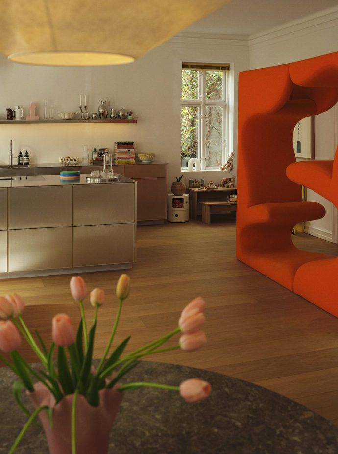 V jídelně vaší pozornosti neunikne Living Tower, tedy obývací věž nevržená Vernerem Pantonem v šedesátých letech. Její sytá oranžová barva opticky odděluje i propojuje místnost a dodává ji hravost. 
