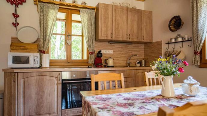 Elektrický sporák s troubou, rychlovarná konvice, mikrovlnná trouba, lednice s mrazákem, kávovar Dolce Gusto včetně kapslí, nádobí, hrnce a další drobné vybavení kuchyně je návštěvníkům plně k dispozici. 
