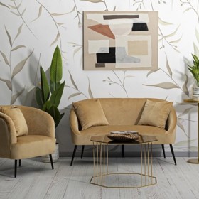 Designová art deco sestava obývacího nábytku Cally v okrové žluté barvě se zlatými a černými akcenty, od 2 290 Kč
