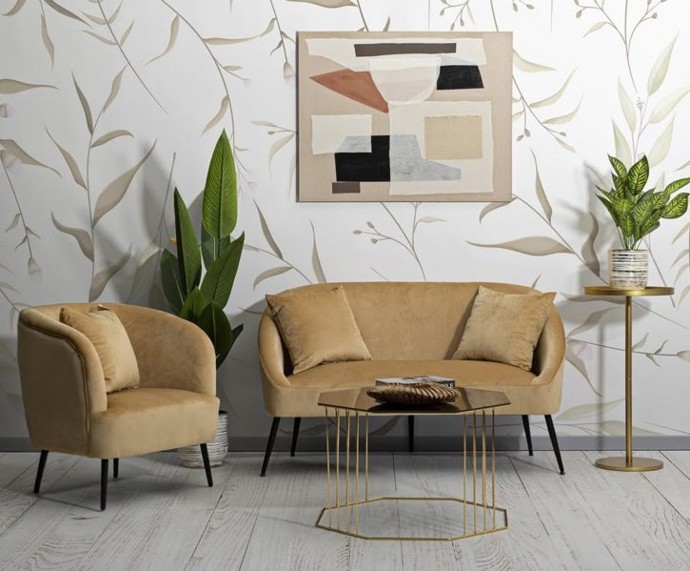 Designová art deco sestava obývacího nábytku Cally v okrové žluté barvě se zlatými a černými akcenty, od 2 290 Kč
