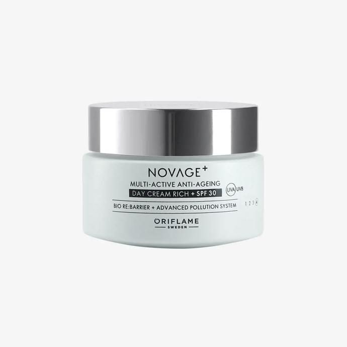 s kyselinou hyaluronovou: Hutný omlazující denní krém Oriflame Multi-Active s SPF 30 Novage+ (50 ml, 830 Kč) s kyselinou hyaluronovou.

