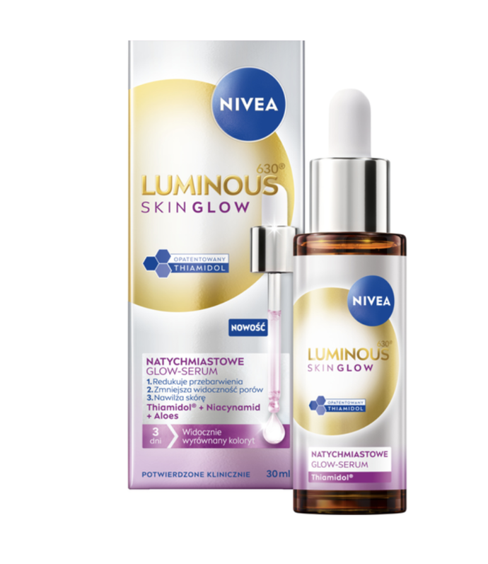 Okamžité glow-sérum na obličej, Nivea, 388 Kč

Jeho lehká textura se rychle vstřebává, okamžitě projasní pleť a zároveň ji hloubkově hydratuje, sjednocuje tón a zjemňuje strukturu. Díky účinné kombinaci aktivních látek v čele s patentovaným Thiamidolem® vytváří viditelný 3D glow efekt – pleť působí zdravě, svěže a je hebká na dotek.
