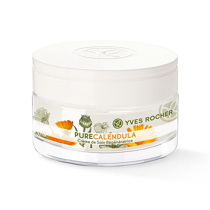 zklidňující: Regenerační pleťový krém Pure Calendula od Yves Rocher obohacený o měsíček lékařský s uklidňujícími a regeneračními vlastnostmi (50 ml, 649 Kč)
