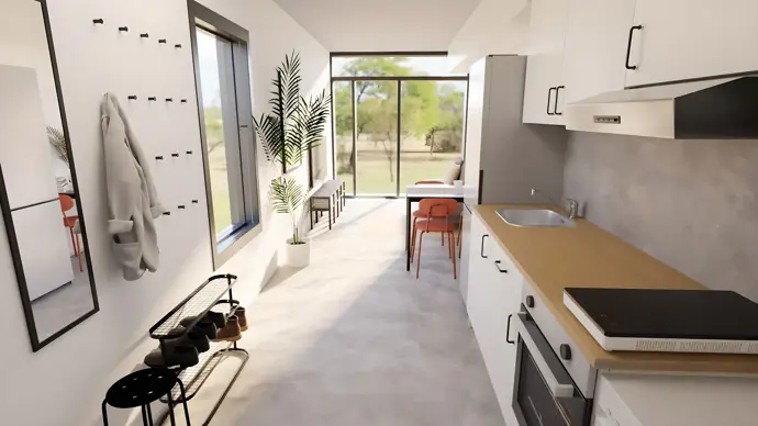 Malý dům musí mít plnohodnotnou kuchyň. To byla priorita číslo jedna. Plnohodnotnou kuchyň můžete mít včetně myčky, trouby, mikrovlnné trouby, pračky se sušičkou, kávovaru a velké lednice s mrazničkou.
