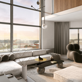 Uvnitř penthousů se snoubí velké atmosférické prostory s čistým designem. Hlavní obytný prostor se chlubí dvojitou výškou stropu (5,9 m) a prosklenou fasádou, která téměř rozmazává hranici mezi interiérem a exteriérem.
Uvnitř penthousů se snoubí velké atmosférické prostory s čistým designem. Hlavní obytný prostor se chlubí dvojitou výškou stropu (5,9 m) a prosklenou fasádou, která téměř rozmazává hranici mezi interiérem a exteriérem.