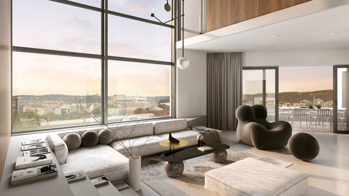 Uvnitř penthousů se snoubí velké atmosférické prostory s čistým designem. Hlavní obytný prostor se chlubí dvojitou výškou stropu (5,9 m) a prosklenou fasádou, která téměř rozmazává hranici mezi interiérem a exteriérem. 
