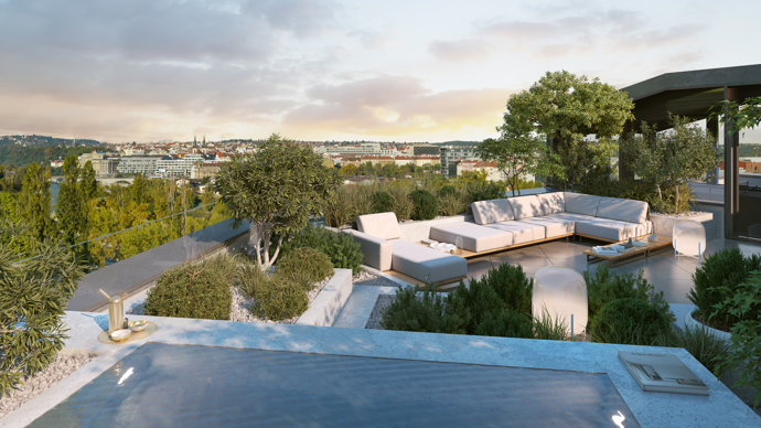 Čtyři z pěti penthousů budou mít vlastní terasu, soukromou oázu s výhledem, zelení, prostorem pro whirlpool a venkovní kuchyň. 
