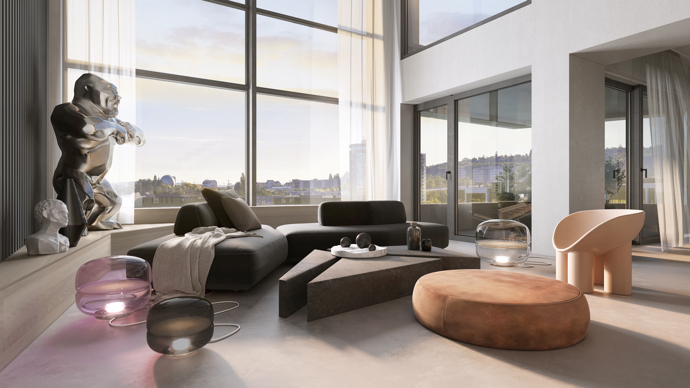Ke každému penthousu patří sklep, čtyři garážová stání a nabíječka pro elektromobil.
