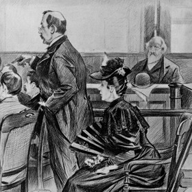 Scéna v soudní síni před zproštěním obžaloby – obžalovaná Lizzie Borden a její právní zástupce, bývalý guvernér Robinson
