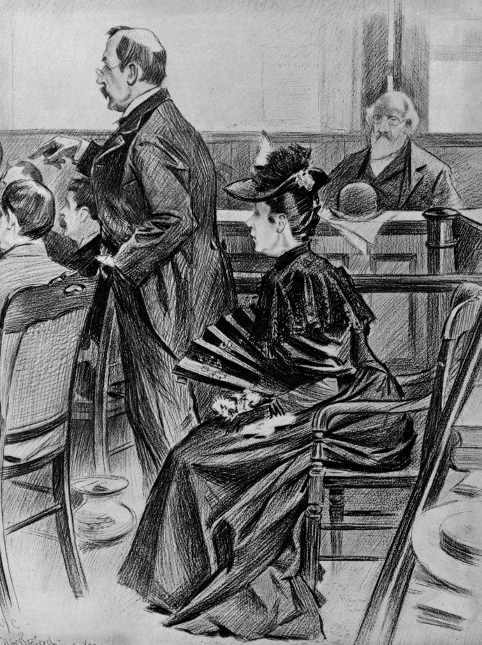 Scéna v soudní síni před zproštěním obžaloby – obžalovaná Lizzie Borden a její právní zástupce, bývalý guvernér Robinson
Scéna v soudní síni před zproštěním obžaloby – obžalovaná Lizzie Borden a její právní zástupce, bývalý guvernér Robinson