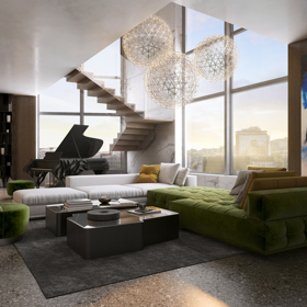 Těžištěm interiéru každého z penthousů se stane monumentální schodiště protínající jednotlivá podlaží, čtyři z pěti penthousů navíc ohromí privátní střešní terasou.
Těžištěm interiéru každého z penthousů se stane monumentální schodiště protínající jednotlivá podlaží, čtyři z pěti penthousů navíc ohromí privátní střešní terasou.
