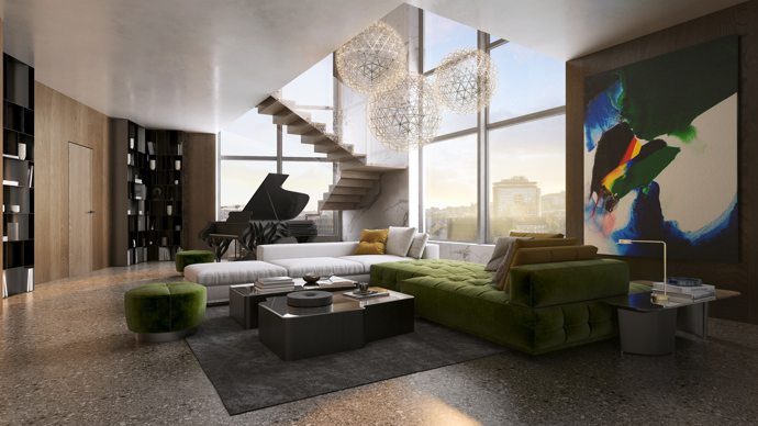 Těžištěm interiéru každého z penthousů se stane monumentální schodiště protínající jednotlivá podlaží, čtyři z pěti penthousů navíc ohromí privátní střešní terasou.
