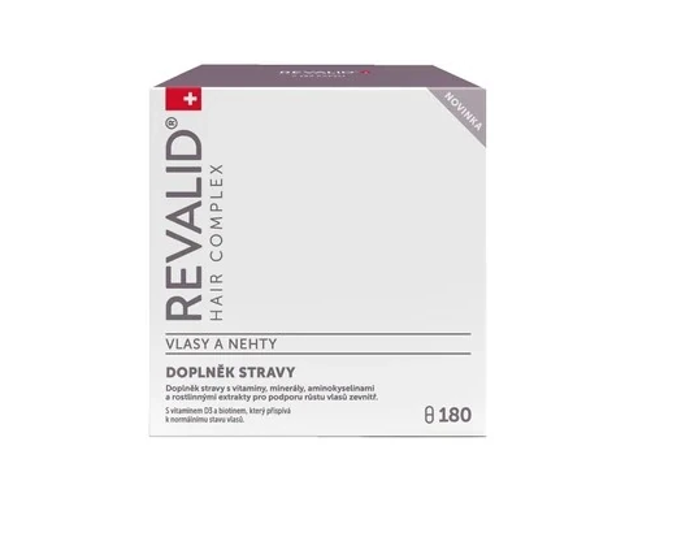 Revalid Hair Complex je doplněk stravy obsahující vitaminy, minerály, aminokyseliny a rostlinné extrakty. Nová receptura Revalid Hair Complex se skládá z vitamínů B1, B5, B6, D3, minerálů, jako je zinek, měď nebo železo a bylinných extraktů. 

Obsahuje aminokyseliny DL-methionin a L-cystin, které se podílí na tvorbě keratinu, základní stavební látky vlasů a nehtů. Výtažky z prosa, pšeničných klíčků a kvasnic jsou bohatým zdrojem vitamínů a minerálů. Zinek a biotin přispívají k udržení normálního stavu vlasů, zinek přispívá k udržení normálního stavu nehtů. 969 Kč
