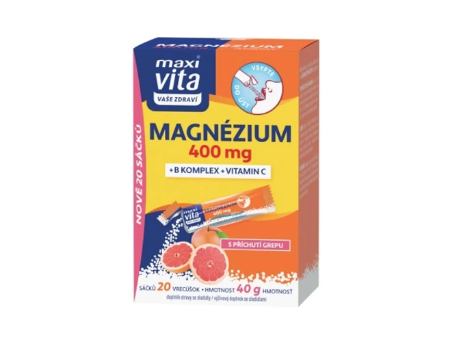Maxi Vita Magnézium 400 mg + B komplex + vitamin C je doplněk stravy ve formě sypké směsi s příchutí grepu. 85 Kč
