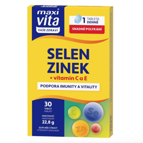 Doplněk stravy VITAR MAXI VITA SELEN + ZINEK + VIT. C,E je navržen pro podporu vitality a imunity organizmu. Selen a vitamin E chrání buňky před oxidativním stresem, zatímco zinek a vitamin C podporují imunitní systém a snižují únavu. 65 Kč
