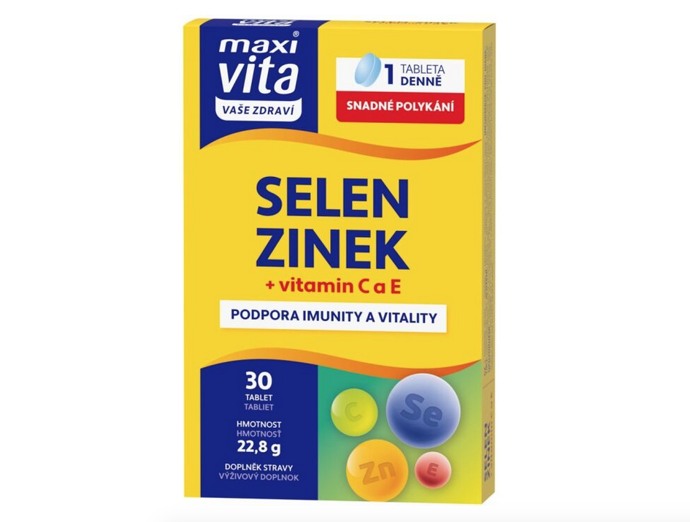 Doplněk stravy VITAR MAXI VITA SELEN + ZINEK + VIT. C,E je navržen pro podporu vitality a imunity organizmu. Selen a vitamin E chrání buňky před oxidativním stresem, zatímco zinek a vitamin C podporují imunitní systém a snižují únavu. 65 Kč

