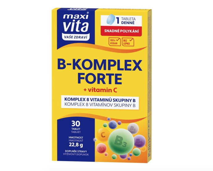 Doplněk stravy VITAR MAXI VITA B KOMPLEX FORTE+ + VITAMIN C 30 TAB je určen pro boj proti únavě a vyčerpání. Obsahuje kombinaci vitaminů skupiny B, které podporují energetický metabolizmus a správnou funkci nervového systému. Vitamin C je významný antioxidant, který přispívá k ochraně před oxidativním stresem. 65 Kč
