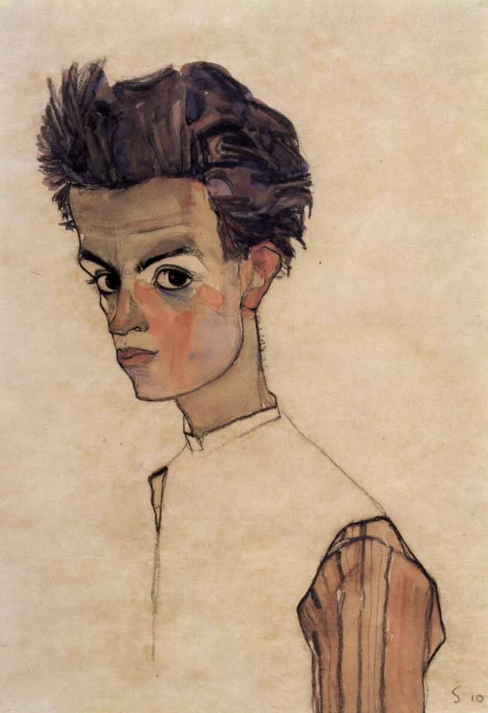 Egon Schiele na dalším autoportrétu. Jeho díla dostávají často nálepky jako groteskní, erotické, pornografické nebo znepokojivé. Často se zaměřují na sex, smrt, víru či objevování.
Egon Schiele na dalším autoportrétu. Jeho díla dostávají často nálepky jako groteskní, erotické, pornografické nebo znepokojivé. Často se zaměřují na sex, smrt, víru či objevování.