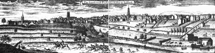 Ann Lee si sice moc upevnila v Americe, avšak pocházela z anglického Manchesteru. Na mapě je k vidění panoramatický pohled na Manchester z roku 1746.
Ann Lee si sice moc upevnila v Americe, avšak pocházela z anglického Manchesteru. Na mapě je k vidění panoramatický pohled na Manchester z roku 1746.