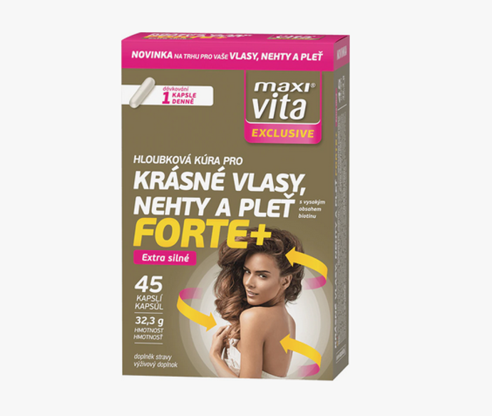 Maxi Vita Exclusive Krásné vlasy, nehty a pleť obsahuje vyváženou kombinaci klíčových aminokyselin, rostlinných extraktů, pivovarských kvasnic, minerálních látek, vitaminů a kyseliny hyaluronové. Tyto látky podporují proces regenerace a přispívají nejen ke zlepšení vzhledu vlasů, pleti a nehtů, ale navíc pomáhají zachovat i jejich kvalitu. V neposlední řadě působí antioxidačně. 169 Kč
