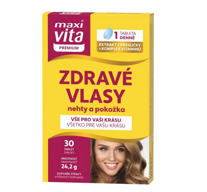 MAXI VITA Premium Zdravé vlasy, nehty podporuje váš vzhled díky kombinaci vitaminů, zinku a extraktu z přesličky. Tyto látky přispívají k udržení normálního stavu vlasů, nehtů a pokožky. 120 Kč
