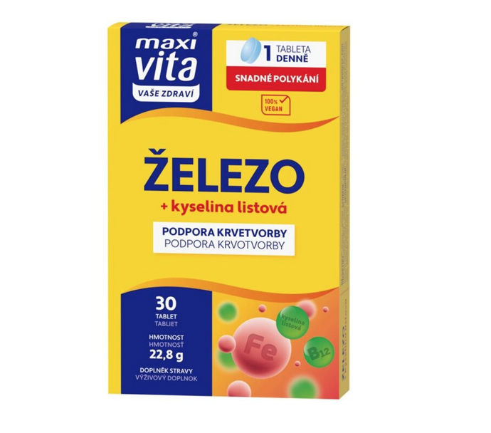 Doplněk stravy Železo je navržen pro podporu krvetvorby a okysličování organizmu. Železo a kyselina listová jsou nezbytné pro tvorbu červených krvinek a hemoglobinu, což zajišťuje správné okysličování těla. Vitamin B12 a vitamin C zvyšují vstřebávání železa a podporují imunitní systém, 65 Kč
