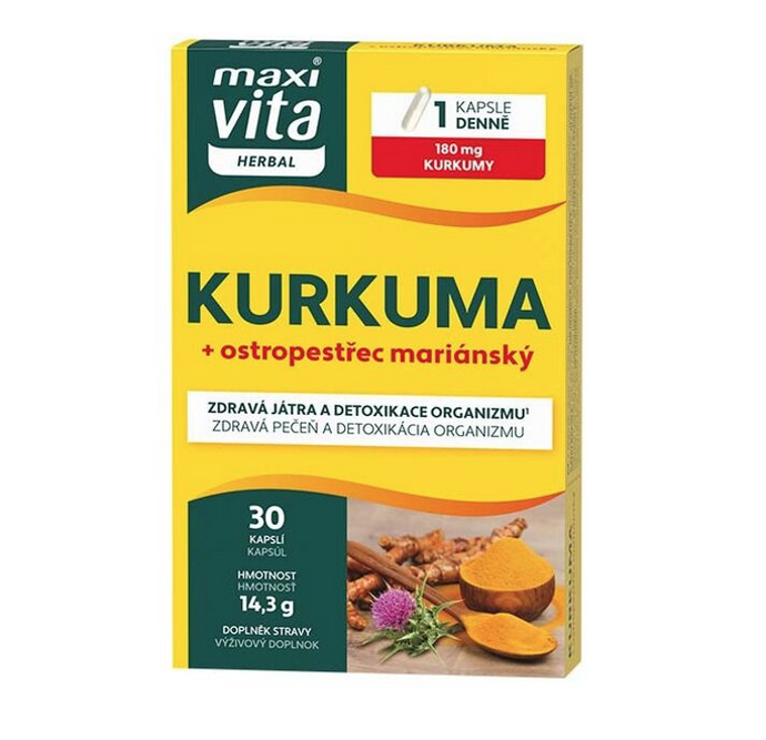 Doplněk stravy HERBAL KURKUMA+OSTROPESTŘEC je navržen pro podporu zdraví jater a celkové detoxikace organizmu. Obsahuje vysokou dávku extraktu z kořene kurkumy, která působí jako antioxidant a podporuje kardiovaskulární systém. 136 Kč
