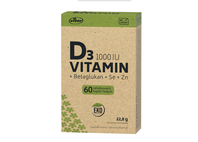 Vitar EKO Vitamin D3, Vysoká dávka vitaminu D3 v kombinaci s beta-glukany, zinkem a selenem, Vitar.cz, 199,90 Kč
Vitar EKO Vitamin D3, Vysoká dávka vitaminu D3 v kombinaci s beta-glukany, zinkem a selenem, Vitar.cz, 199,90 Kč