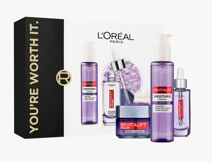 Dárková sada L’Oréal Paris You're Worth It obsahuje mycí gel na obličej s kyselinou hyaluronovou, vyplňující denní krém proti stárnutí, sérum proti vráskám s kyselinou hyaluronovou, 980 Kč
Dárková sada L’Oréal Paris You're Worth It obsahuje mycí gel na obličej s kyselinou hyaluronovou, vyplňující denní krém proti stárnutí, sérum proti vráskám s kyselinou hyaluronovou, 980 Kč