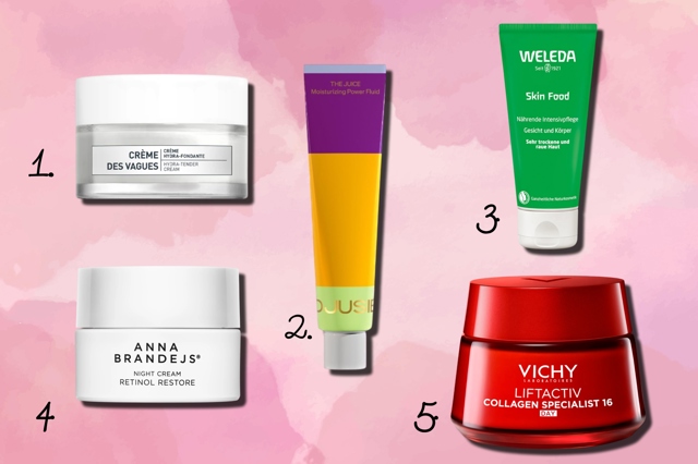 1: Jemný hydratační krém Algologie Crème des Vagues, 786 Kč, prodává La Phramacie Francaises. 2: Hydratační power fluid Djusie The Juice, 1 255 Kč, prodává Green Wave. 3: Weleda Skin Food, 179 Kč (30 ml). 4: Noční omlazující krém s retinolem Anna Brandejs, 2 090 Kč (50 ml). 5: Denní liftingový krém Vichy Collagen Specialist, 1 085 Kč (50 ml), prodává Notino
1: Jemný hydratační krém Algologie Crème des Vagues, 786 Kč, prodává La Phramacie Francaises. 2: Hydratační power fluid Djusie The Juice, 1 255 Kč, prodává Green Wave. 3: Weleda Skin Food, 179 Kč (30 ml). 4: Noční omlazující krém s retinolem Anna Brandejs, 2 090 Kč (50 ml). 5: Denní liftingový krém Vichy Collagen Specialist, 1 085 Kč (50 ml), prodává Notino