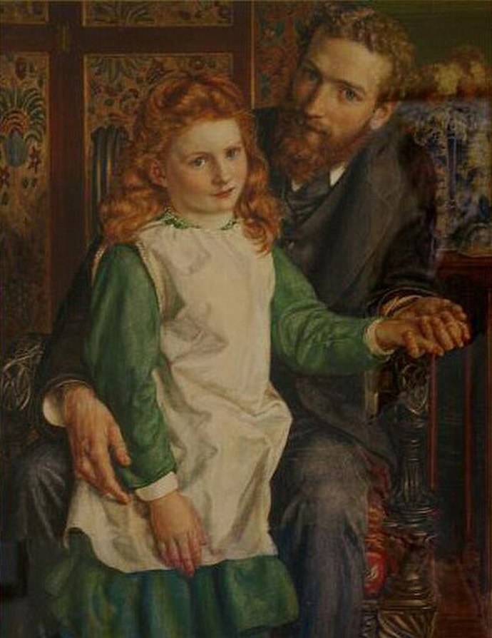 Portrét, malovaný v roce 1876, zachycuje malou Gertrude spolu se svým otcem, Sir Hughem, dědicem průmyslové říše Bell Brothers. Tento obraz se stal symbolem jejího aristokratického původu, i když její život směřoval daleko mimo britskou elitu.
