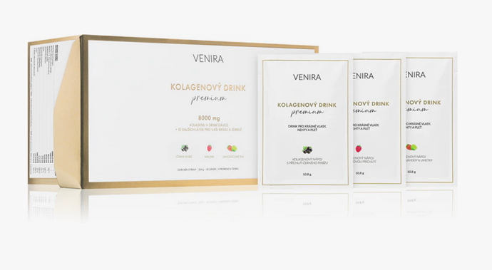 Kolagenový drink pro vlasy, nehty a pleť, age 50+ obsahuje 8000 mg 100% bioaktivního hydrolyzovaného kolagenu a dalších 15 účinných látek (včetně glukosaminu, chondroitinu a kyseliny hyaluronové), 829 Kč
