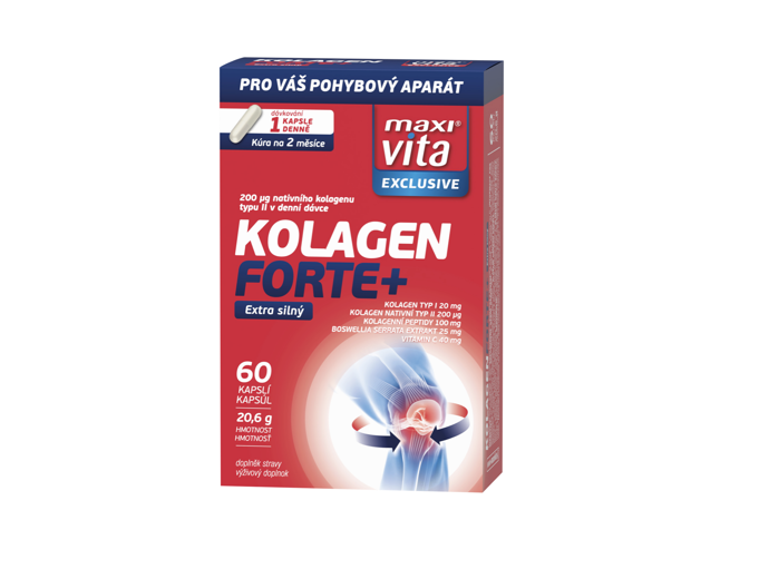 Maxi Vita Exclusive Kolagen forte+ obsahuje kolagenní peptidy,
hydrolyzovaný kolagen typu I a nativní kolagen typu II, ale i vitamin C,
který pomáhá se vstřebáváním i produkcí kolagenu v těle, a také extrakt z Boswellia serrata, který pomáhá udržovat klouby v dobrém stavu.
Cena: 184,90 Kč, nasevitaminy.cz
Maxi Vita Exclusive Kolagen forte+ obsahuje kolagenní peptidy,
hydrolyzovaný kolagen typu I a nativní kolagen typu II, ale i vitamin C,
který pomáhá se vstřebáváním i produkcí kolagenu v těle, a také extrakt z Boswellia serrata, který pomáhá udržovat klouby v dobrém stavu.
Cena: 184,90 Kč, nasevitaminy.cz