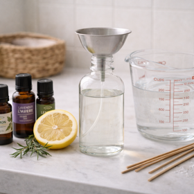 Připravte si všechny ingredience. Lahvičku s rozprašovačem, vodu, alkohol, vonné oleje.
