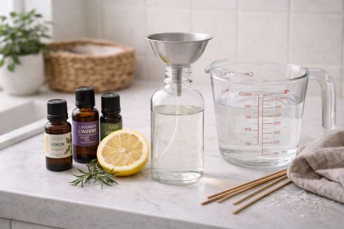 Připravte si všechny ingredience. Lahvičku s rozprašovačem, vodu, alkohol, vonné oleje.
Připravte si všechny ingredience. Lahvičku s rozprašovačem, vodu, alkohol, vonné oleje.