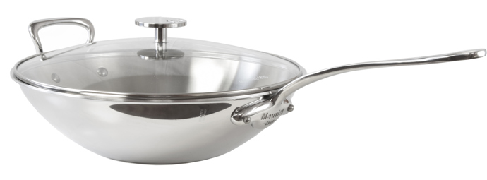 Mauviel, Nerezový wok s uchy a skleněnou poklicí M’Cook, Ø 32 cm, Potten & Pannen - Staněk, 9 150 Kč
