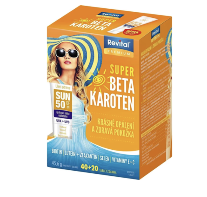 Super Betakaroten, 121 Kč
Vitar Super Beta‑karoten s měsíčkem a sedmikráskou je tabletkový doplněk pro podporu pokožky, vlasů a nehtů. Obsahuje 6 mg beta‑karotenu, komplex karotenoidů z měsíčku a sedmikrásky a antioxidanty vitamin C (40 mg) a E (6 mg) spolu s biotinem (50 µg). Produkt je bez cukru, vhodný pro diabetiky; dávkování je 1 tableta obden, při intenzivním slunění 1 tableta denně. Balení 60 tablet vystačí až na 120 dní. Není určeno pro těhotné a kojící ženy.
Super Betakaroten, 121 Kč
Vitar Super Beta‑karoten s měsíčkem a sedmikráskou je tabletkový doplněk pro podporu pokožky, vlasů a nehtů. Obsahuje 6 mg beta‑karotenu, komplex karotenoidů z měsíčku a sedmikrásky a antioxidanty vitamin C (40 mg) a E (6 mg) spolu s biotinem (50 µg). Produkt je bez cukru, vhodný pro diabetiky; dávkování je 1 tableta obden, při intenzivním slunění 1 tableta denně. Balení 60 tablet vystačí až na 120 dní. Není určeno pro těhotné a kojící ženy.