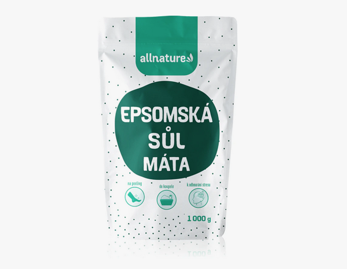 Koupelová sůl Allnature Epsomská sůl Mint s obsahem hořké soli a se sušenými listy máty má příznivý účinek na dýchací ústrojí a napomáhá zlepšit i kvalitu spánku. Relaxační koupel navíc napomáhá k odbourání stresu, detoxikaci, uvolnění svalů. 108 Kč
