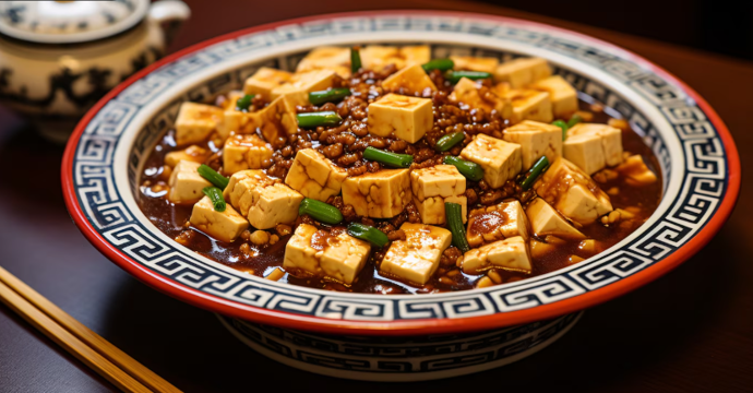 Mapo tofu
Mapo tofu je známý pokrm z čínské provincie S’-čchuan. Obsahuje mleté vepřové nebo hovězí maso, tofu a výraznou pikantní omáčku s chilli a fermentovanými fazolemi. Jídlo se obvykle podává s miskou rýže, která zjemňuje jeho ostrou chuť.
