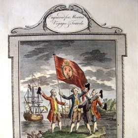 Bougainville a jeho společníci na ostrůvku v Magalhaesově průlivu (1780).
