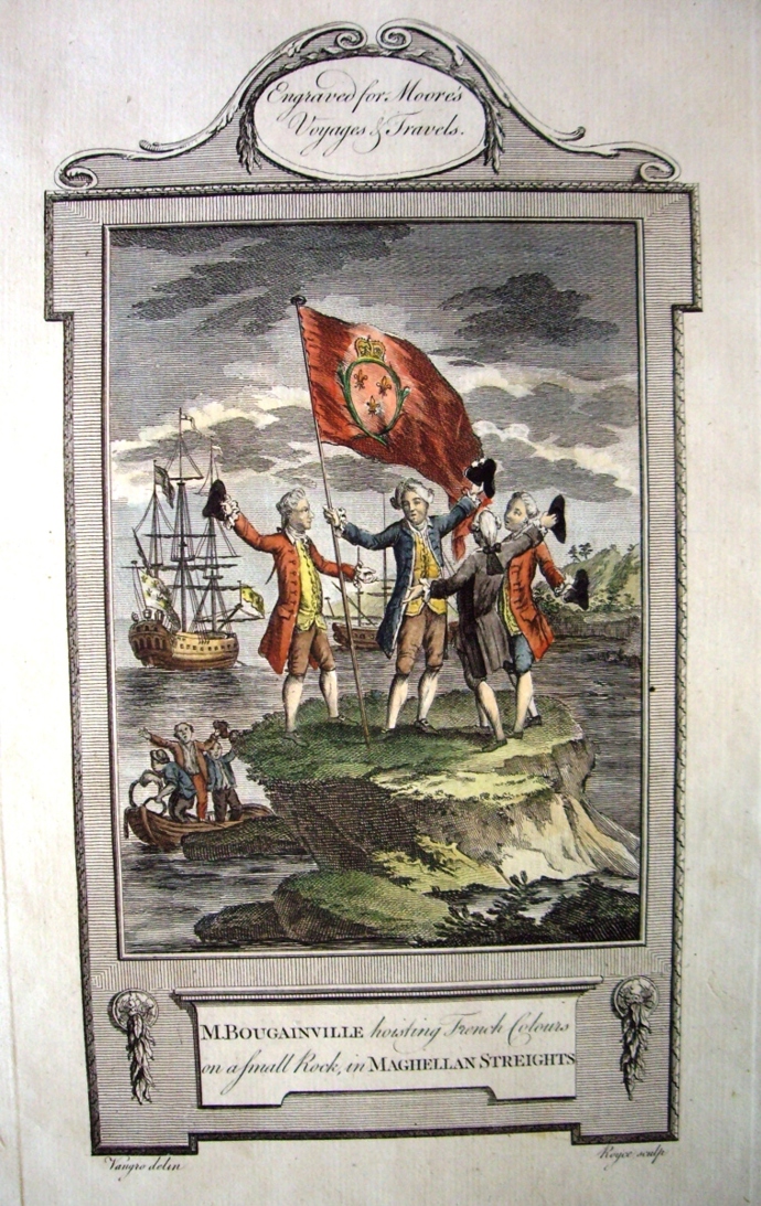 Bougainville a jeho společníci na ostrůvku v Magalhaesově průlivu (1780).
Bougainville a jeho společníci na ostrůvku v Magalhaesově průlivu (1780).
