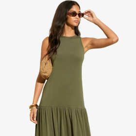 Žerzejové khaki šaty, Friends Like These, 700 Kč, prodává Zalando
